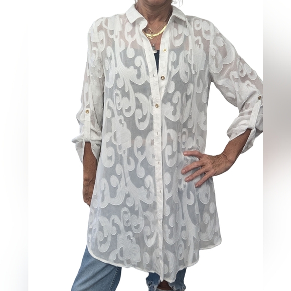 Lilly Pulitzer White Sheer Tunic Blouse Cover Up Button Down Top Size Small - Picture 3 of 10